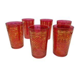 Timon Italy Moroccan Glass Tumblers Iridescent Gold Filigree Set Of 6 READ